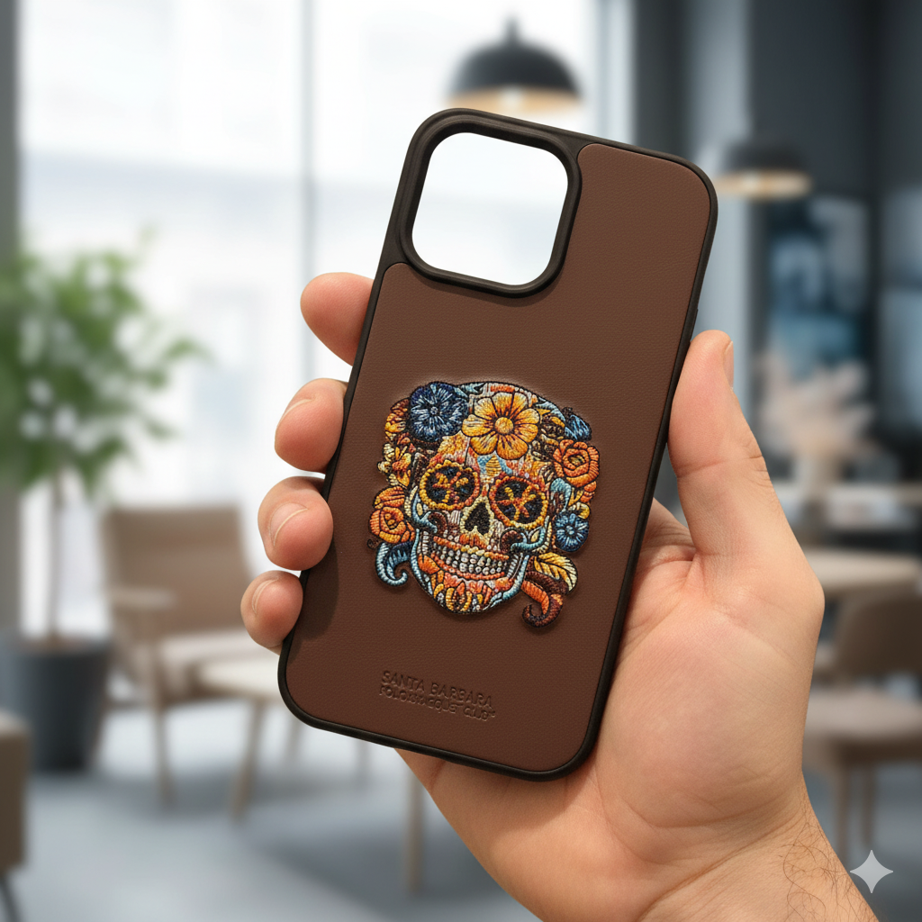 iPhone 14 Pro Max Premium Leather Case with Embroidered Skull Design | Luxury Shockproof Cover