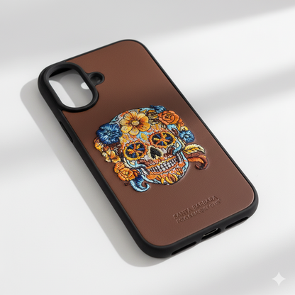 iPhone 16 Artistic Floral Skull Case – Slim Leather Texture Protective Cover