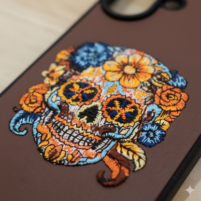 iPhone 16 Artistic Floral Skull Case – Slim Leather Texture Protective Cover