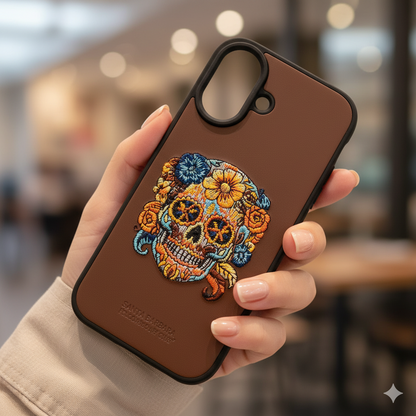 iPhone 16 Artistic Floral Skull Case – Slim Leather Texture Protective Cover
