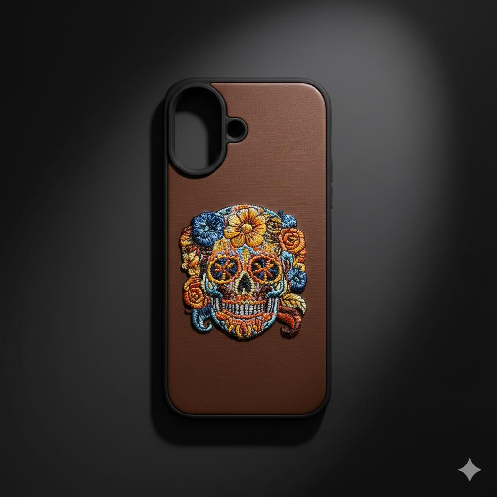 iPhone 16 Artistic Floral Skull Case – Slim Leather Texture Protective Cover