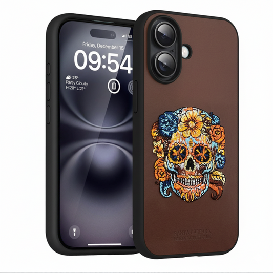 iPhone 16 Artistic Floral Skull Case – Slim Leather Texture Protective Cover