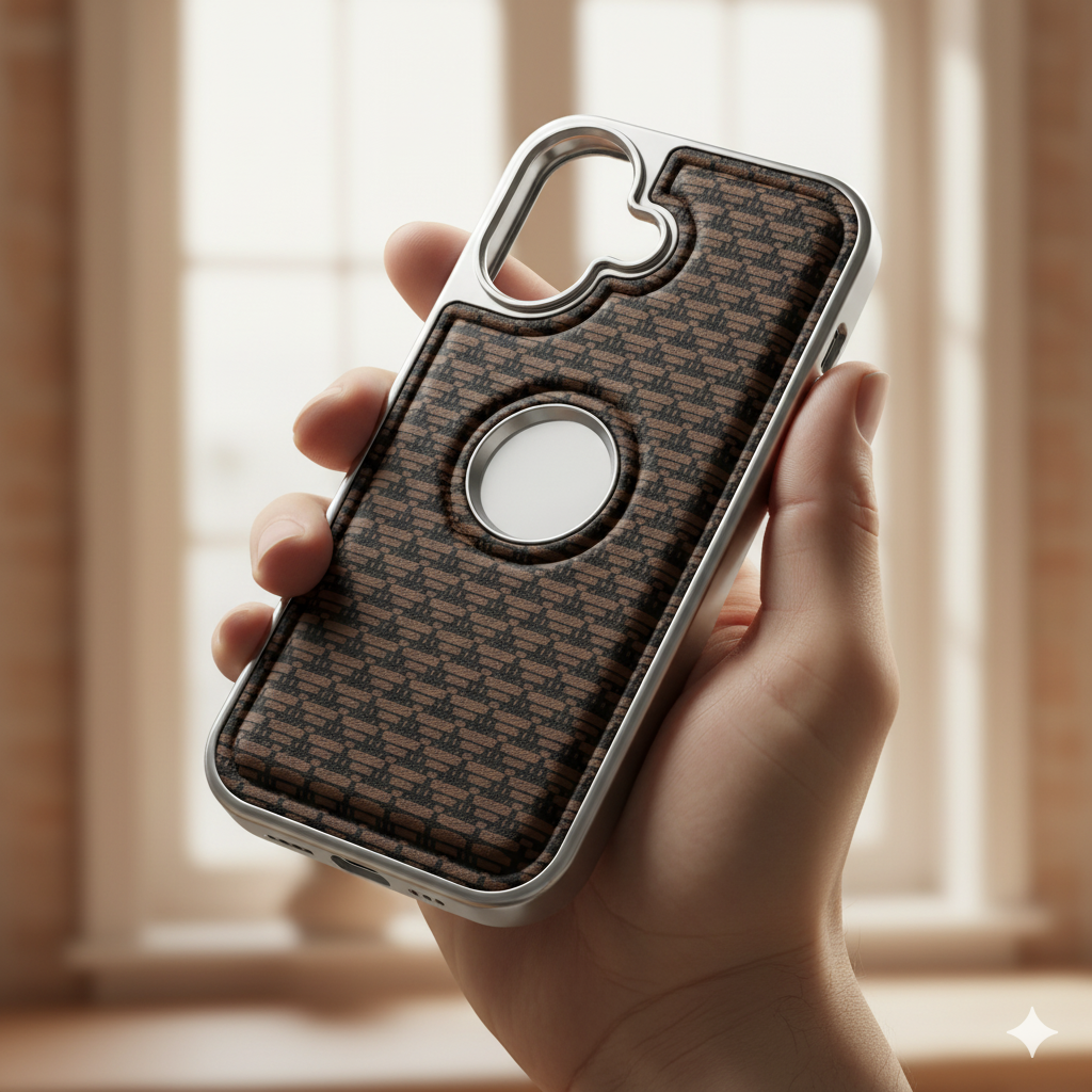 iPhone 16 Premium Textured Pattern Back Cover – Soft-Touch Luxury Protective Case with Metal Frame (Black | Blue | Brown)