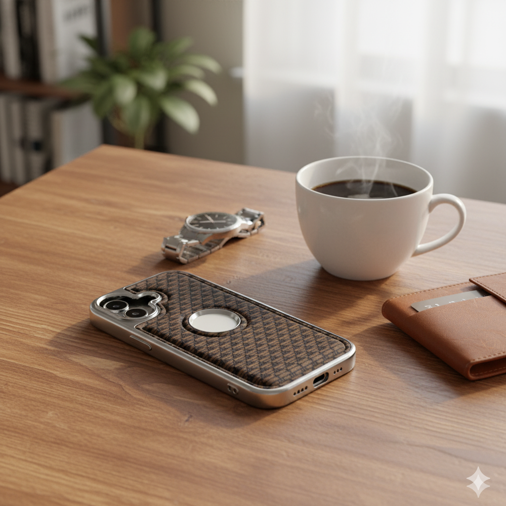 iPhone 16 Premium Textured Pattern Back Cover – Soft-Touch Luxury Protective Case with Metal Frame (Black | Blue | Brown)