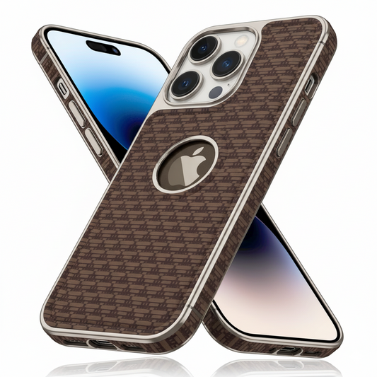iPhone 14 Pro Luxury Textured Soft Cushion Back Cover – Shockproof Metal Frame Protective Case (Black | Blue | Brown)