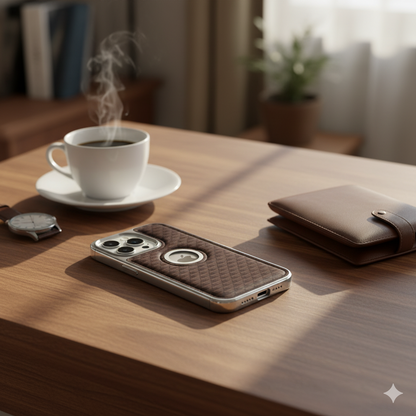 iPhone 16 Pro Max Premium Textured Leather-Style Back Cover – Soft Padded Finish with Metal Ring Design (Black | Blue | Brown)