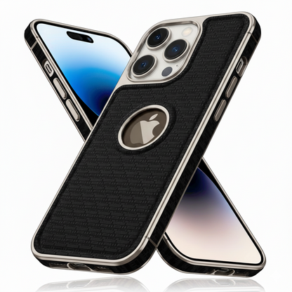 iPhone 14 Pro Luxury Textured Soft Cushion Back Cover – Shockproof Metal Frame Protective Case (Black | Blue | Brown)