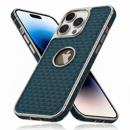 iPhone 14 Pro Luxury Textured Soft Cushion Back Cover – Shockproof Metal Frame Protective Case (Black | Blue | Brown)