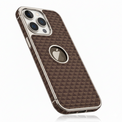 iPhone 14 Pro Luxury Textured Soft Cushion Back Cover – Shockproof Metal Frame Protective Case (Black | Blue | Brown)