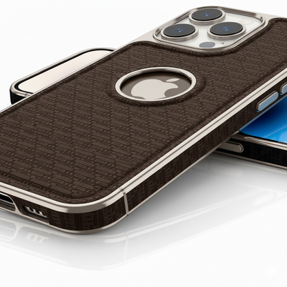 iPhone 14 Pro Luxury Textured Soft Cushion Back Cover – Shockproof Metal Frame Protective Case (Black | Blue | Brown)