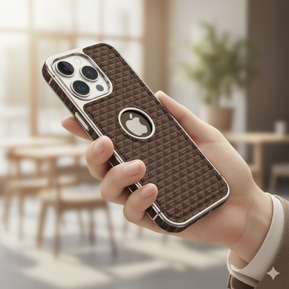 iPhone 14 Pro Luxury Textured Soft Cushion Back Cover – Shockproof Metal Frame Protective Case (Black | Blue | Brown)