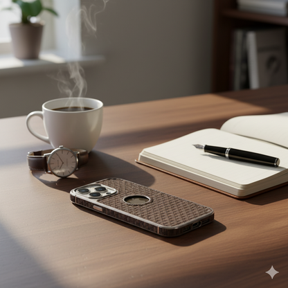 iPhone 14 Pro Luxury Textured Soft Cushion Back Cover – Shockproof Metal Frame Protective Case (Black | Blue | Brown)