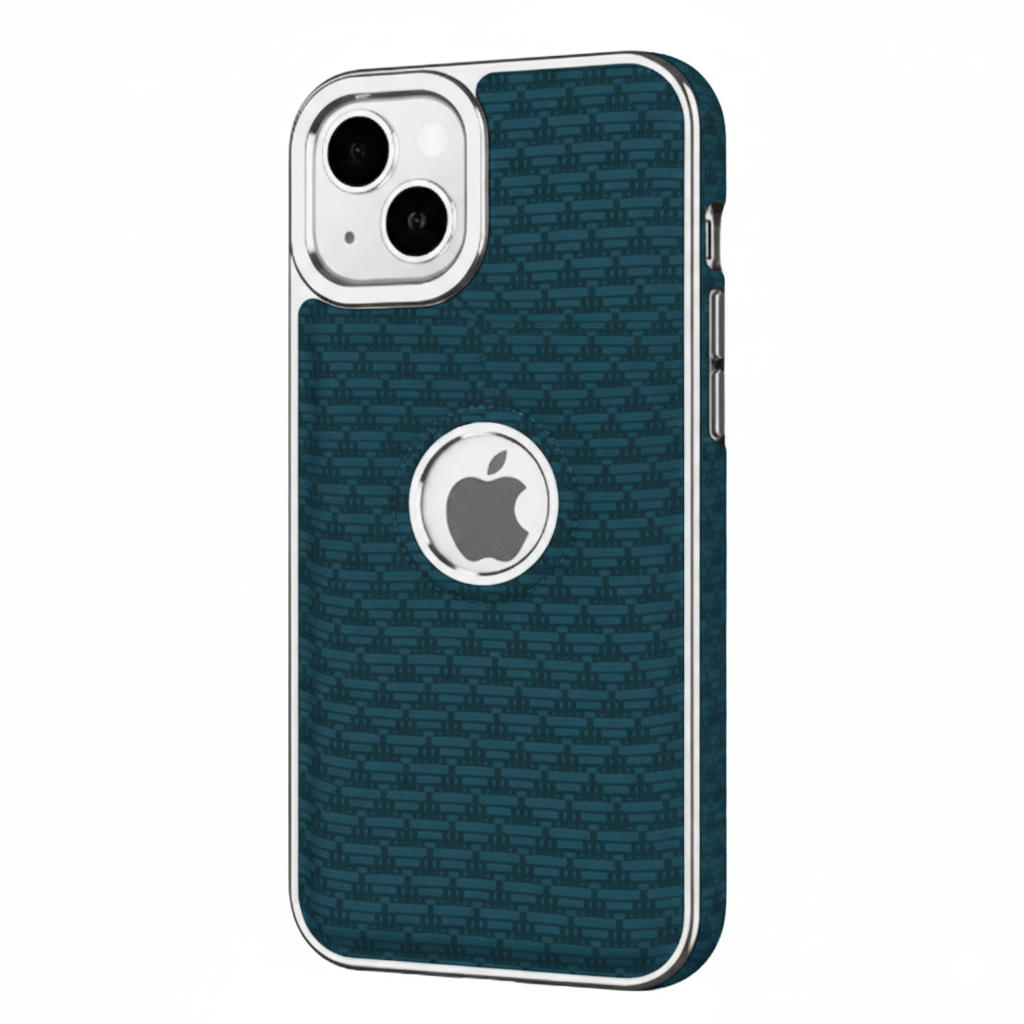 iPhone 15 Luxury Textured Soft Cushion Back Cover – Shockproof Metal Frame Protective Case (Black | Blue | Brown)