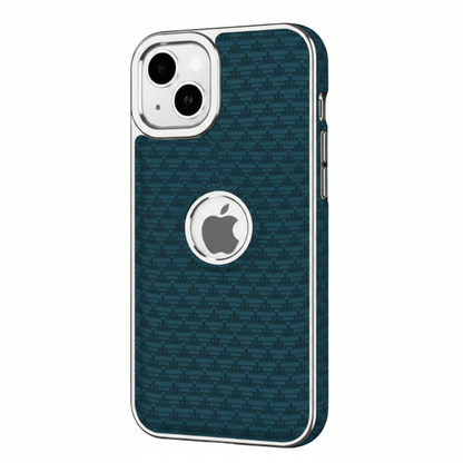 iPhone 15 Luxury Textured Soft Cushion Back Cover – Shockproof Metal Frame Protective Case (Black | Blue | Brown)