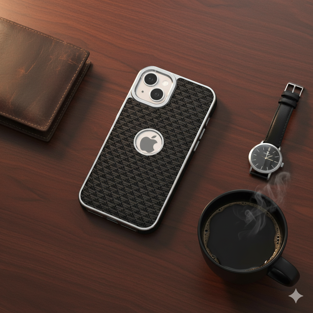 iPhone 13 Luxury Textured Soft Cushion Back Cover – Shockproof Metal Frame Protective Case (Black | Blue | Brown)