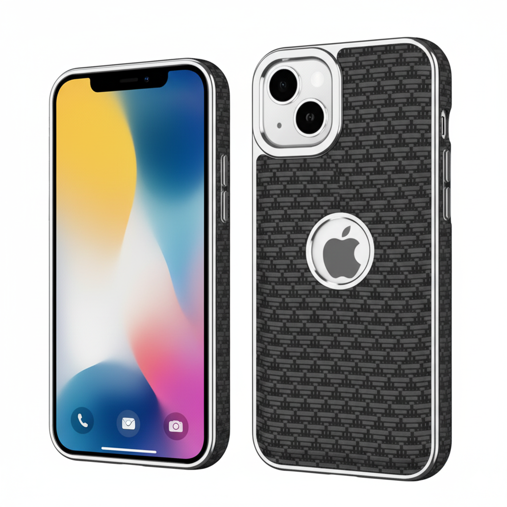 iPhone 13 Luxury Textured Soft Cushion Back Cover – Shockproof Metal Frame Protective Case (Black | Blue | Brown)