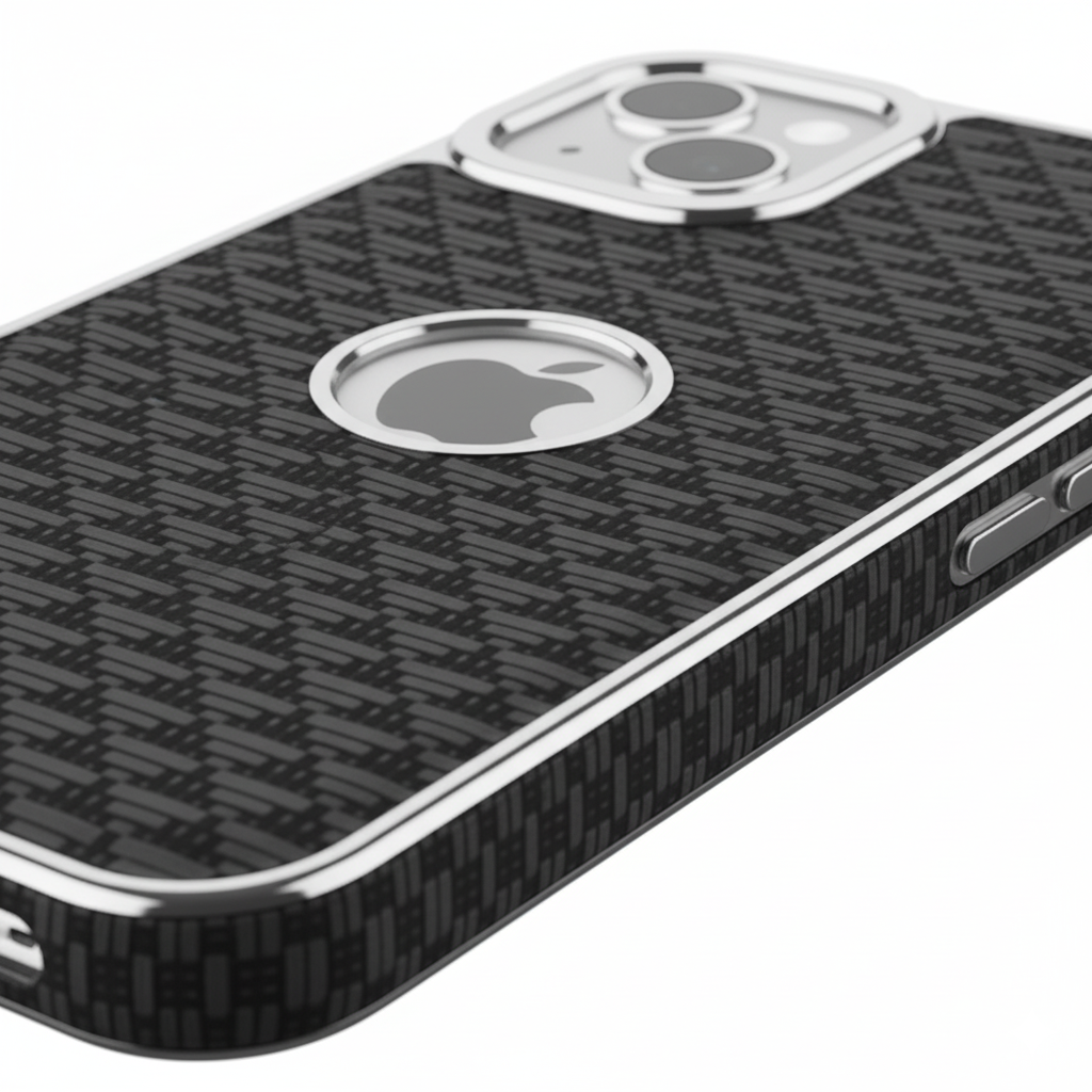 iPhone 15 Luxury Textured Soft Cushion Back Cover – Shockproof Metal Frame Protective Case (Black | Blue | Brown)