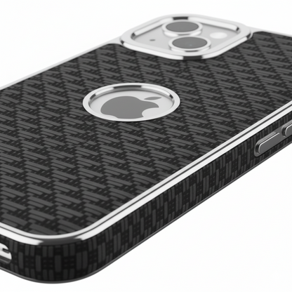 iPhone 15 Luxury Textured Soft Cushion Back Cover – Shockproof Metal Frame Protective Case (Black | Blue | Brown)