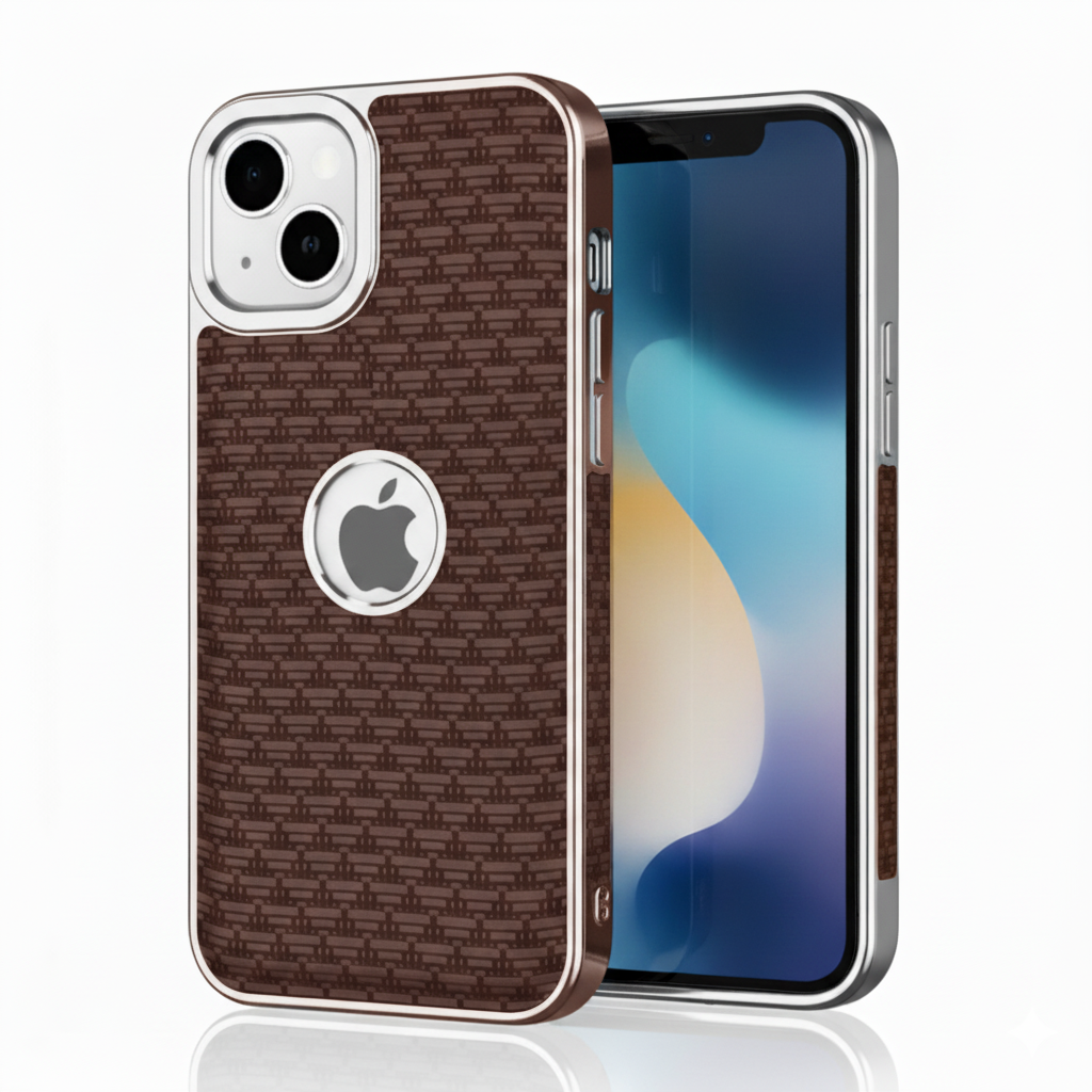iPhone 15 Plus Luxury Textured Soft Cushion Back Cover – Shockproof Metal Frame Protective Case (Black | Blue | Brown)