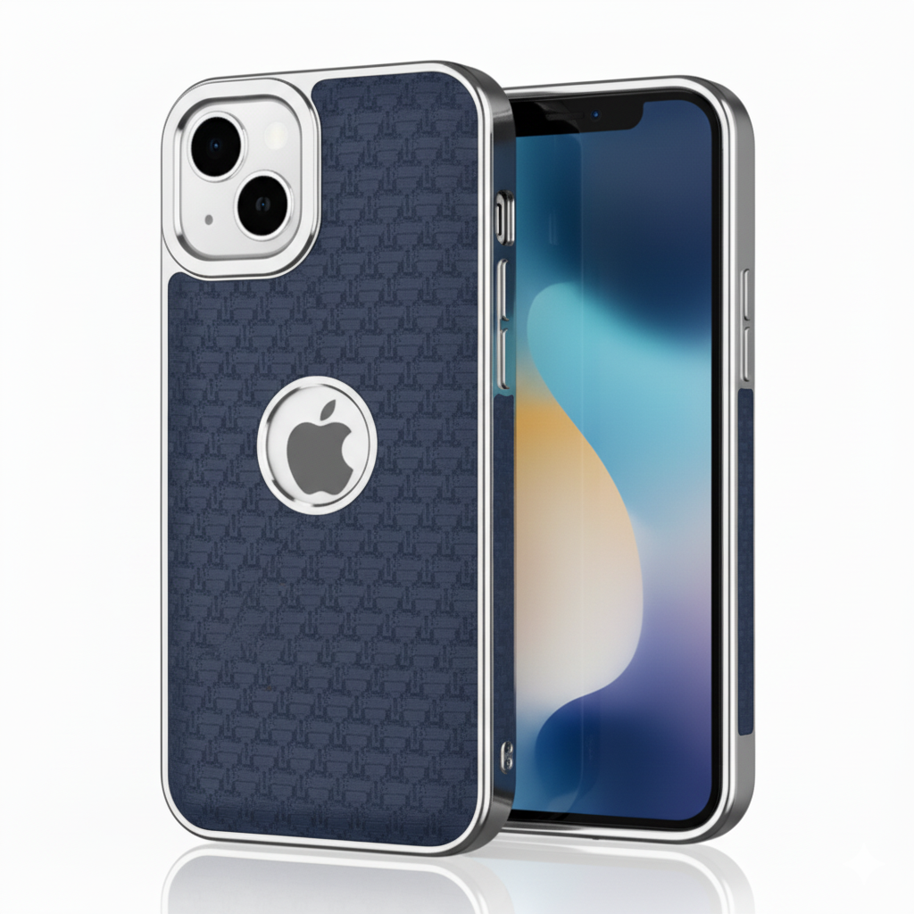 iPhone 15 Plus Luxury Textured Soft Cushion Back Cover – Shockproof Metal Frame Protective Case (Black | Blue | Brown)