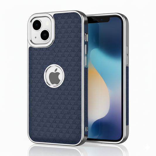 iPhone 15 Plus Luxury Textured Soft Cushion Back Cover – Shockproof Metal Frame Protective Case (Black | Blue | Brown)