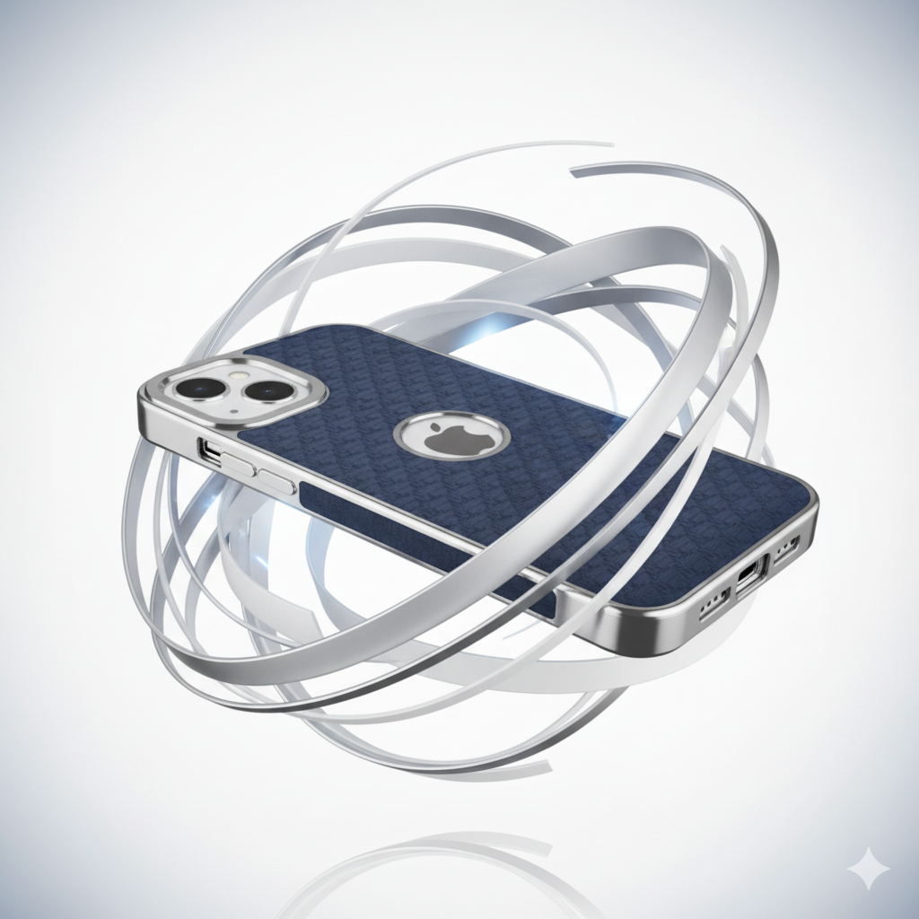 iPhone 15 Plus Luxury Textured Soft Cushion Back Cover – Shockproof Metal Frame Protective Case (Black | Blue | Brown)