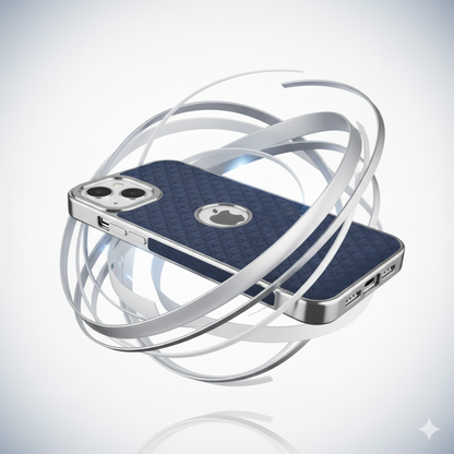 iPhone 15 Plus Luxury Textured Soft Cushion Back Cover – Shockproof Metal Frame Protective Case (Black | Blue | Brown)