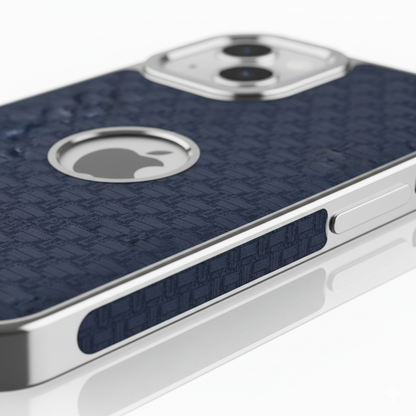 iPhone 15 Plus Luxury Textured Soft Cushion Back Cover – Shockproof Metal Frame Protective Case (Black | Blue | Brown)