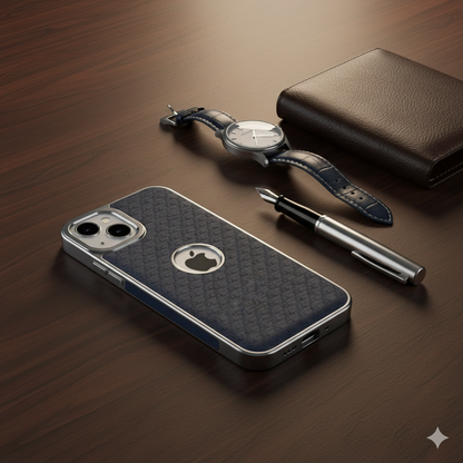 iPhone 15 Plus Luxury Textured Soft Cushion Back Cover – Shockproof Metal Frame Protective Case (Black | Blue | Brown)