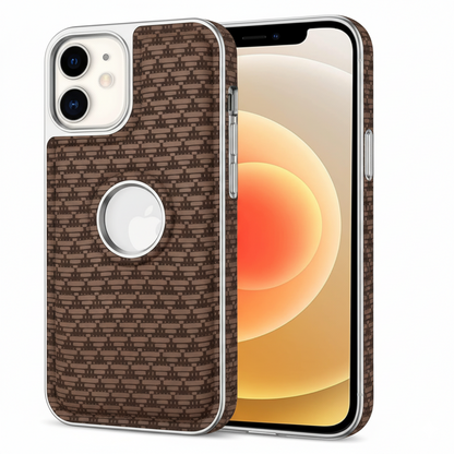 iPhone 12 Luxury Textured Soft Cushion Back Cover – Shockproof Metal Frame Protective Case (Black | Brown)