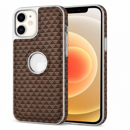 iPhone 12 Luxury Textured Soft Cushion Back Cover – Shockproof Metal Frame Protective Case (Black | Brown)