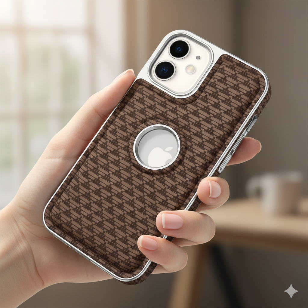 iPhone 12 Luxury Textured Soft Cushion Back Cover – Shockproof Metal Frame Protective Case (Black | Brown)