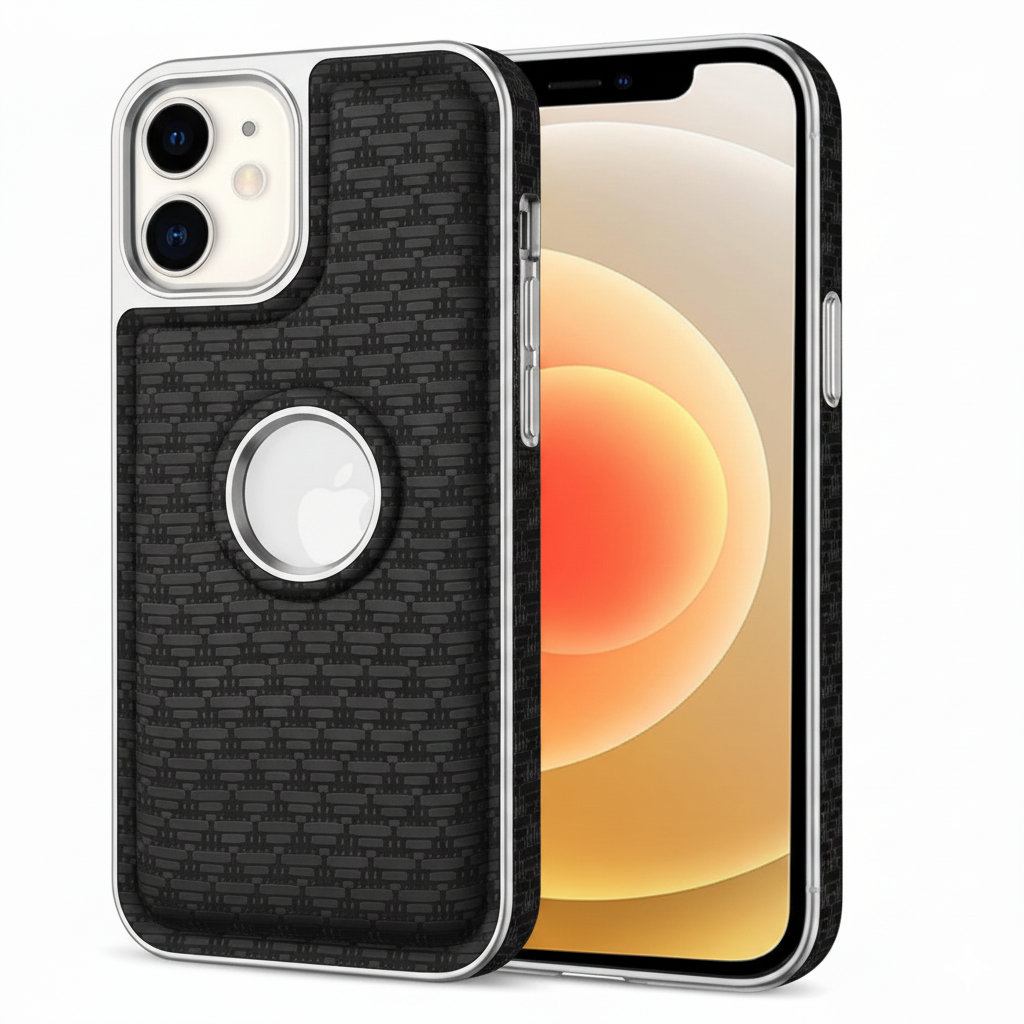 iPhone 12 Luxury Textured Soft Cushion Back Cover – Shockproof Metal Frame Protective Case (Black | Brown)