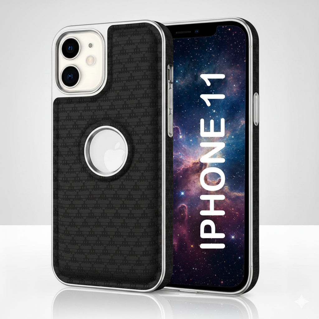 iPhone 11 Luxury Textured Soft Cushion Back Cover – Shockproof Metal Frame Protective Case (Black | Blue | Brown)